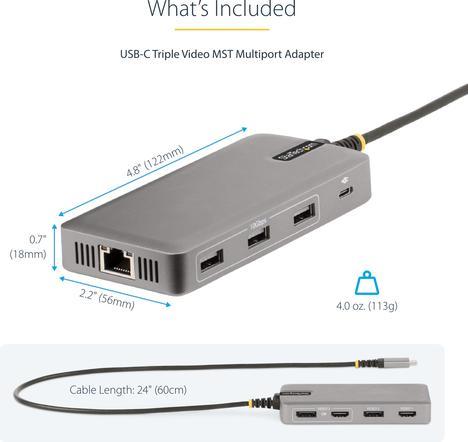 Actual product image StarTech COM USB-C Triple Monitor Multiport Adapter HDMI/DisplayPort USB Hub 3-Port 10Gbps USB Hub P (USB-C, 3 Ports)