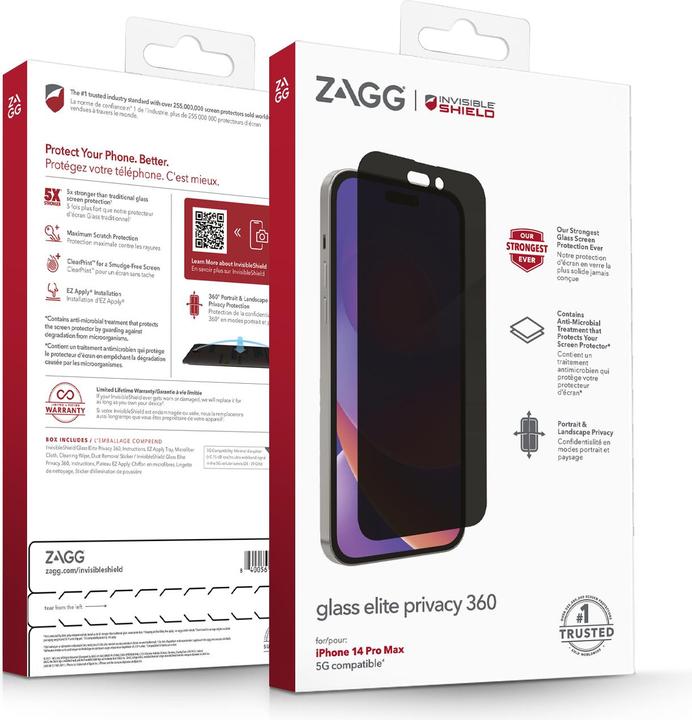 Produktbild Zagg InvisibleShield Glass Elite Privacy 360, 17 cm (6.7"), Smartphone, Filtro per la privacy senza (1 Stück, Apple iPhone 14 Pro Max)