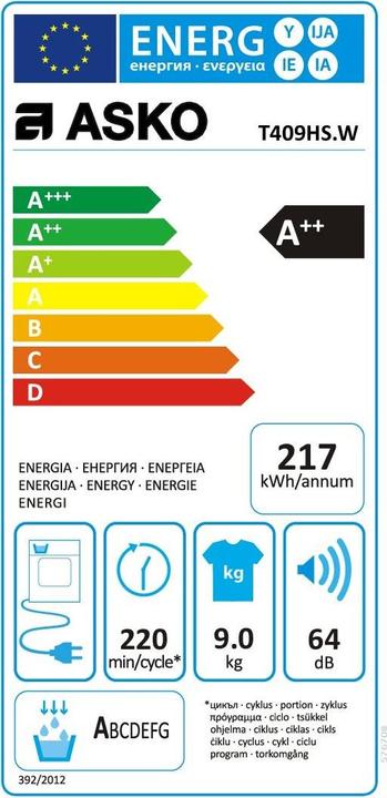 Etichetta energetica Asko T409HS.W (9 kg, A destra, Modificabile)