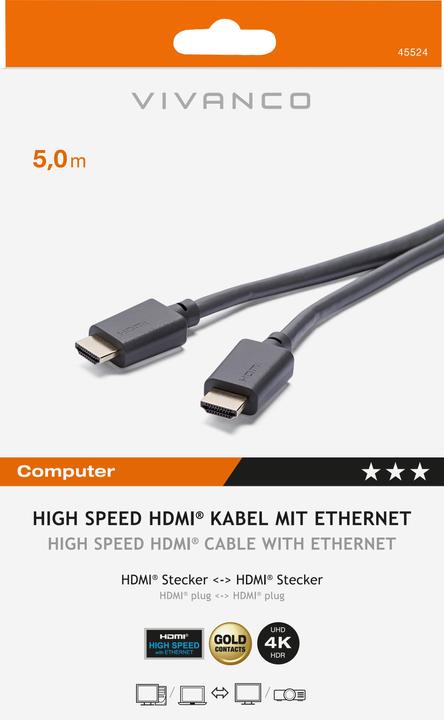 Immagine prodotto Vivanco Cavo HDMI ad alta velocità con Ethernet, contatti placcati oro, 4k/60Hz, 5m (5 m, HDMI)