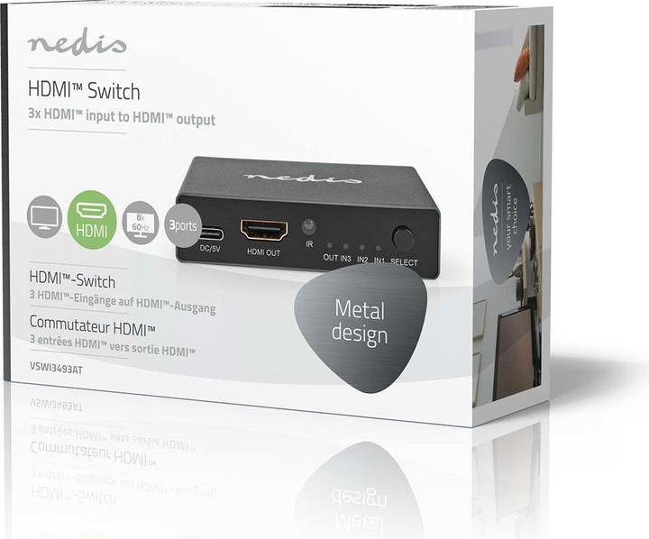 Actual product image Nedis HDMI ™ switch | 3-port port(s) | 3x HDMI™ input | HDMI™ output | 8K@60Hz | 45 Gbps | remote