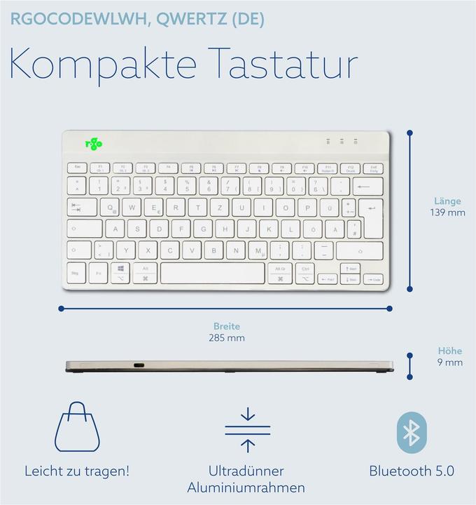 Produktbild R-Go Tools R-Go Compact Break ergonomische Tastatur, QWERTZ (DE), bluetooth, weiss (DE, Kabellos)