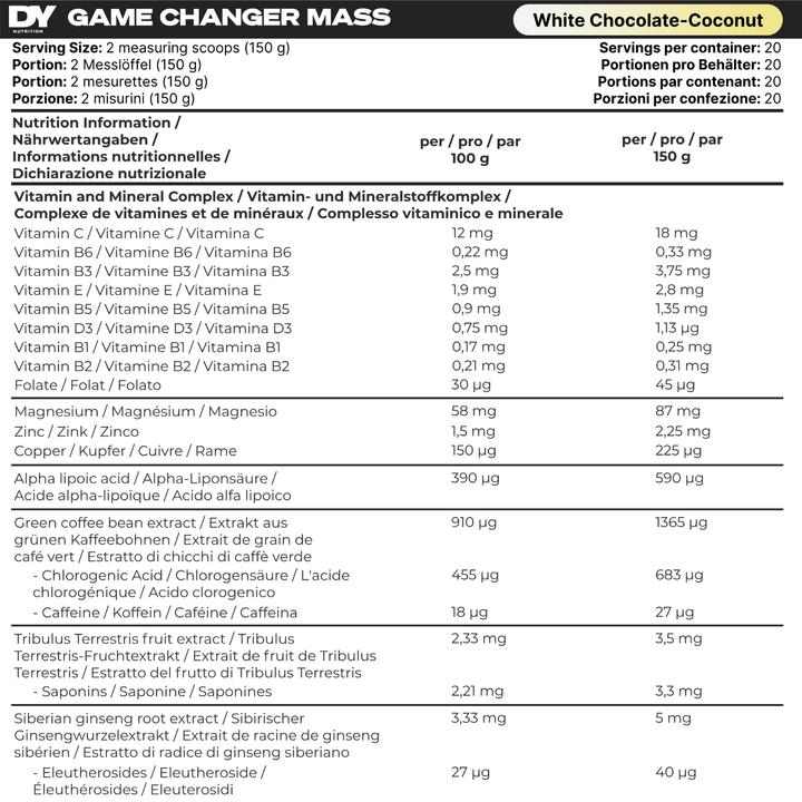 Nährwerte und Zutaten DY Nutrition Game Changer Mass (White Chocolate Coconut, 3000 g)