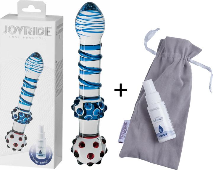 Actual product image Joyride GlassiX Set 13" elegant handmade glass dildo with blue spiral and many nubs