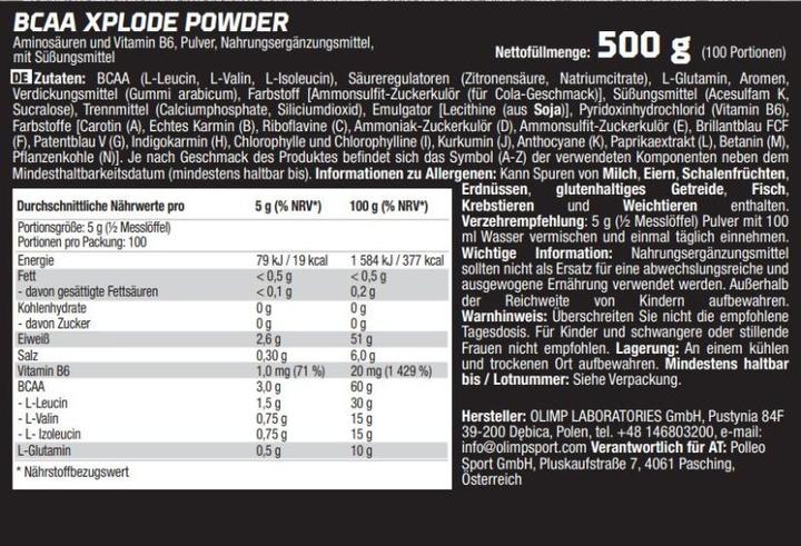 Nährwerte und Zutaten Olimp Sport Nutrition BCAA Xplode (500g Dose) (1 Stück, Pulver, 500 g)