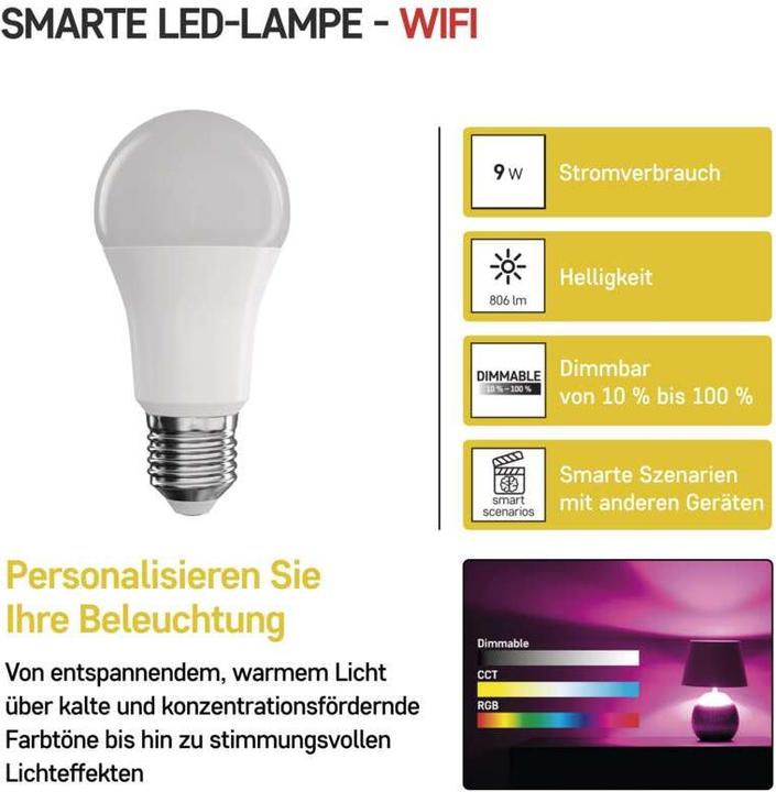 Actual product image Emos LED lamp GoSmart A60 / E27 / 9 W (60 W) / 806 lm / RGB / dimmable / Wi-Fi (E27, 9 W, 806 lm, 1 x, F)