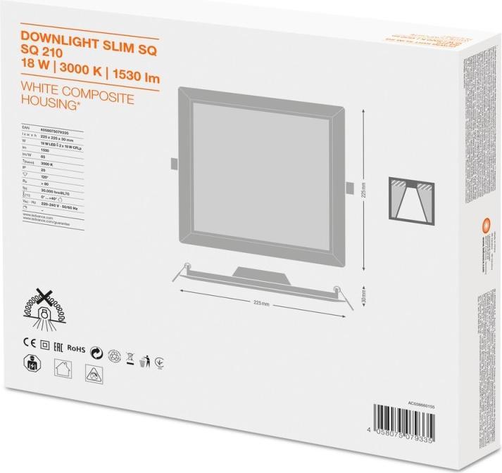 Image du produit Ledvance LED Downlight encastré plat Downlight Slim square 210 18W/3000K WT 18W 3000K 1530lm 30000h... (1530 lm)