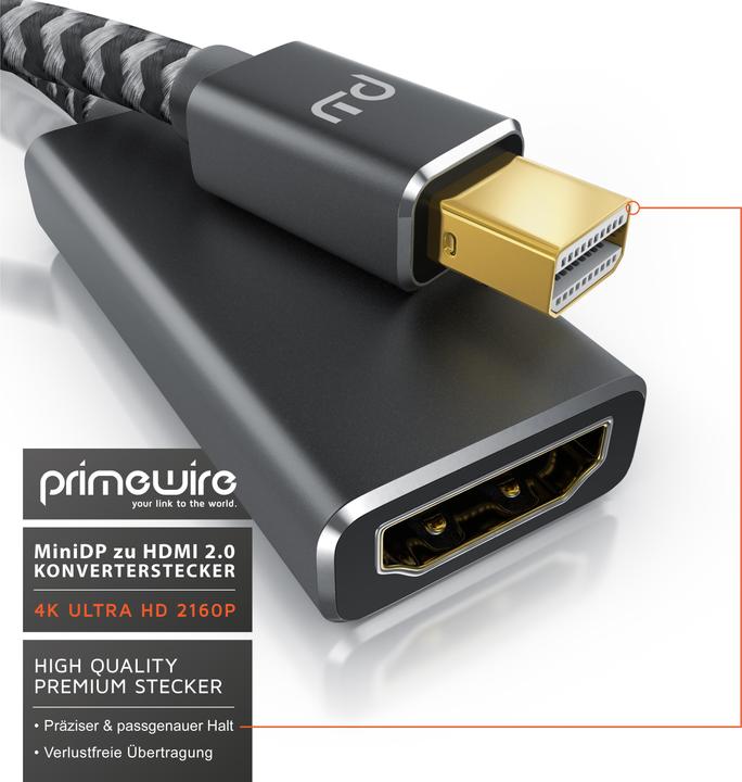 Actual product image Primewire 4K Mini Displayport to Hdmi 2.0 adapter, Mini DP cable, mDP adapter, 4K@60Hz, Thunderbolt (0.15 m, HDMI)