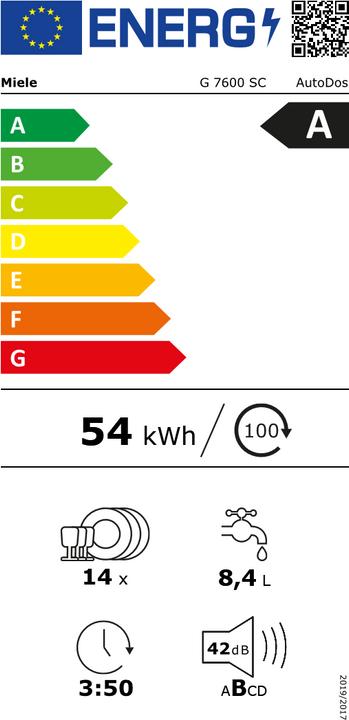 Energy Label Miele G 7600 SC ws DishwasherA 40dB 8.4L Drawer. AutoD.