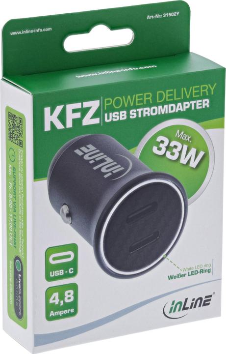 Immagine prodotto InLine Adattatore USB per auto Power Delivery, 2x USB Type-C, nero