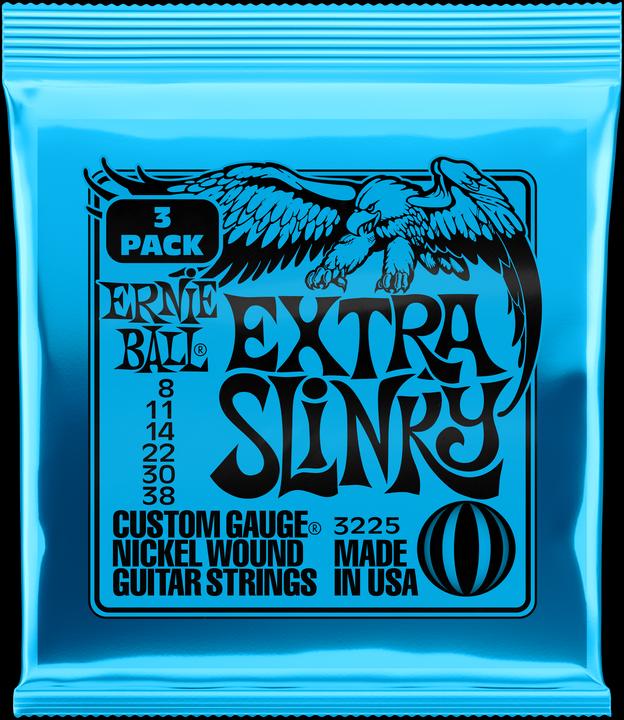 Ernie Ball Set di corde, Slinky Nickel, Extra 8-38, confezione da 3 pezzi (6 x, Chitarra elettrica, 0.04")