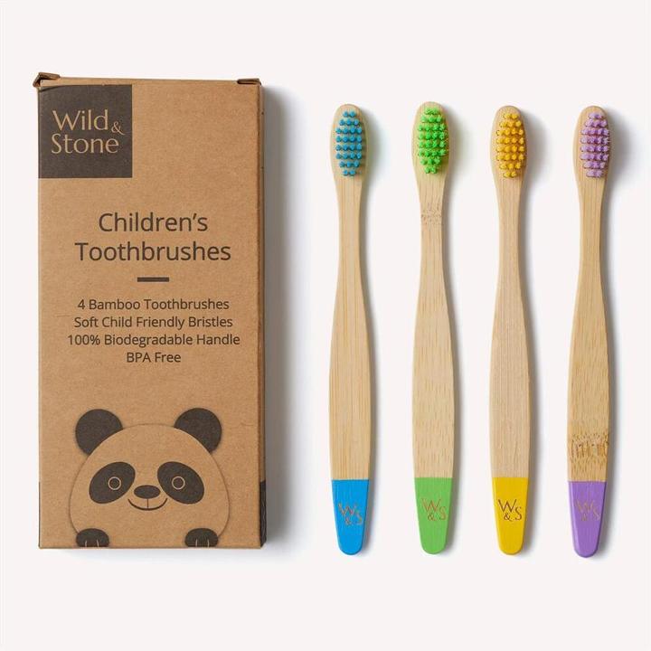 Wild & Stone Kinder Bambus Zahnbürsten, soft, mehrfarbig, 4er Pack (Weich, 4 x)