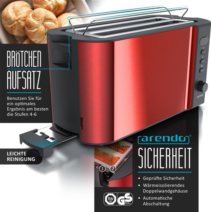 Produktbild Arendo Frühstücks Set, Edelstahl Wasserkocher 1,5l Temperaturwahl & 4-Scheiben Langschlitz Toaster, Rot (1.50 l)