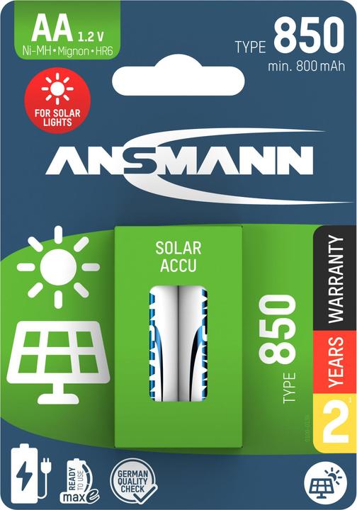 Immagine prodotto Ansmann Batteria NiMH solare Mignon AA tipo 850 (min. 800 mAh) maxE (2 pz., AA, 800 mAh)
