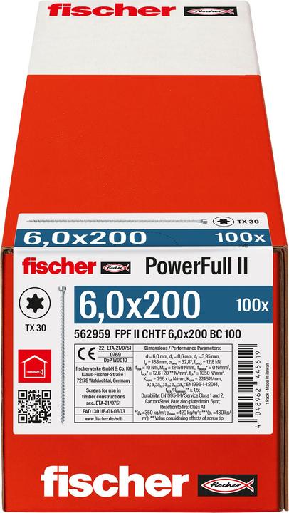 Energy Label Fischer PowerFull II 6.0x200 ZK TX VG blvz 100 (100 Screws per piece)