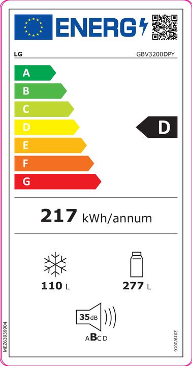 Energie-Label LG REFRIGERATOR GBV3200DPY (387 l)