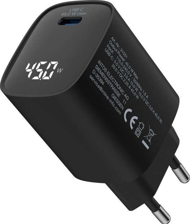 Actual product image InLine USB PD power supply, GaN charger, 1-port, USB-C, 45W, with display, black (45 W)