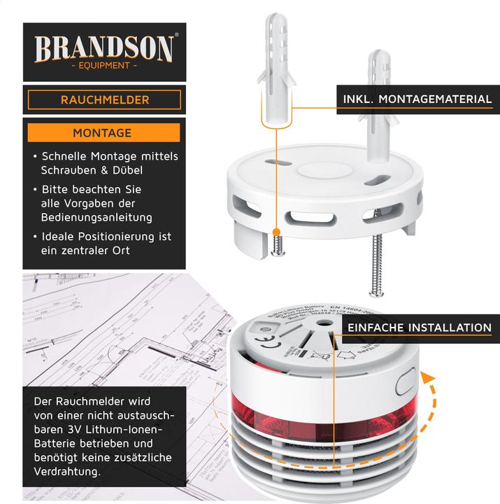 Produktbild Brandson 3x Rauchmelder, 10 Jahre Batterie Li-Ionen, Lautstärke 85dB, LED, Prüftaste, EN14604 & TÜV Geprüft