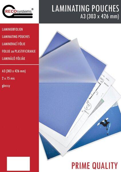 Actual product image RECOsystems Laminierfolien, 303 mm x 426 mm, DIN A3, Stärke 2 x 75 Micron, glänzend (A3, 100 Piece, 75 µm)