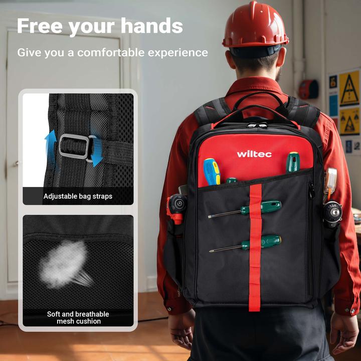 Actual product image Wiltec Werkzeugrucksack 33x20x43cm Werkzeugtasche 16 Fächer Werkzeug Rucksack
