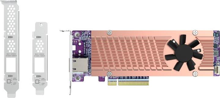 Actual product image QNAP Card QM2 series 2xPCIe 2280 M.2 SSD slots PCIe Gen4x8 1xAQC113C 10GbE NBASE-T port