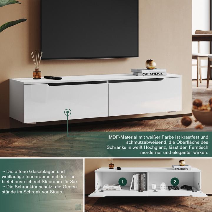 Produktbild SONNI Low-Profile-TV-Schrank, Weiss Hochglanz hängend 160 x 35 x 30 cm, TV-Schrank mit LED-Beleuchtun (160 x 35 x 30 cm)