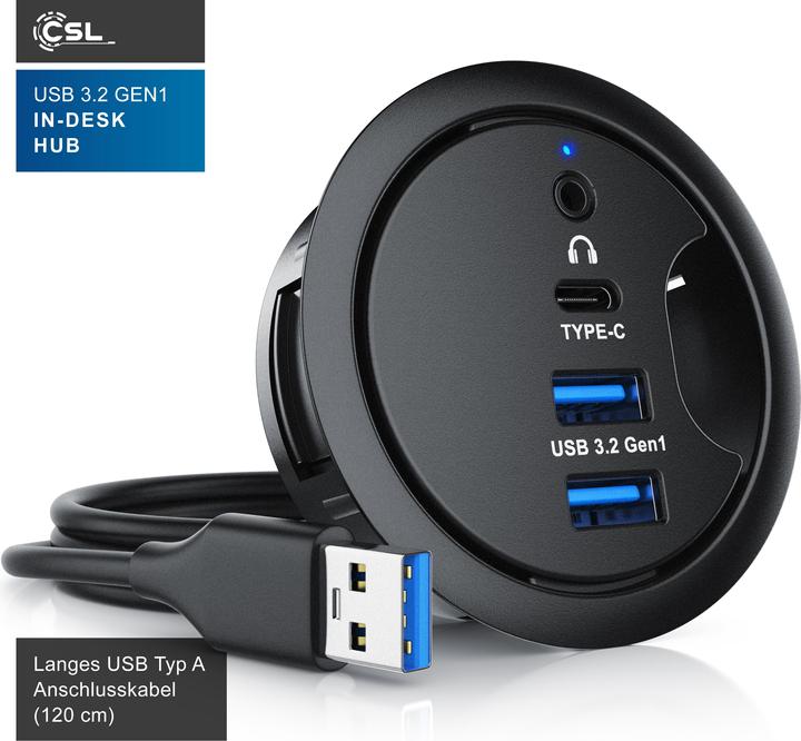 Immagine prodotto CSL Multi hub per l'ingresso dei cavi da scrivania: 2x USB 3.2 Gen1, 1x USB-C, 1x audio da 3,5mm, presa (USB-A, 4 Porti)