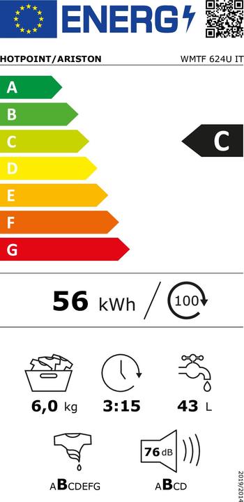 Etichetta energetica Hotpoint WMTF 624U IT lavatrice Caricamento dall'alto 6 kg 1200 Giri/min C Bianco (6 kg, Modificabile, Spina UE)