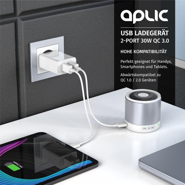 Produktbild Aplic USB Ladegerät 3000 mA, 2 Port, 30W, Quick Charge 3.0 (QC 3.0) Schnelladefunktion, weiss (30 W)