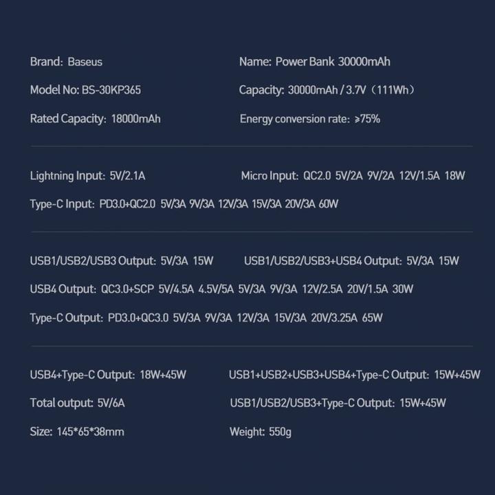 Produktbild Baseus Xiaobai Series (30000 mAh, 65 W, 111 Wh)