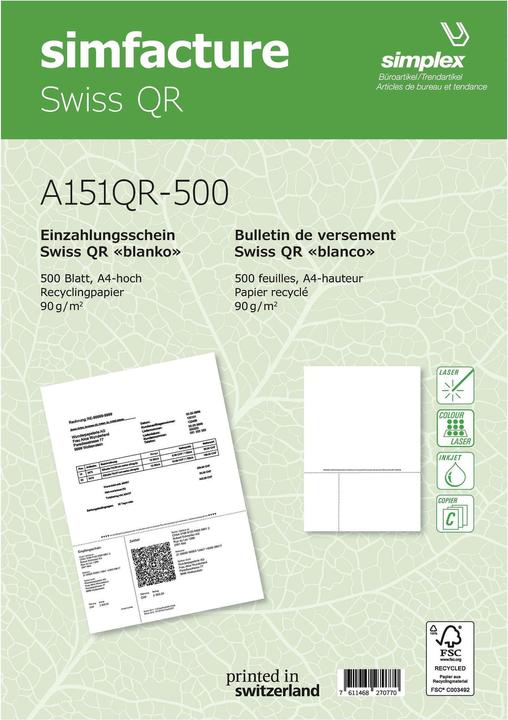 Simplex Simfacture Swiss QR Recycl. A4 A151QR-50 universel, 90g 500 feuilles (500 x)