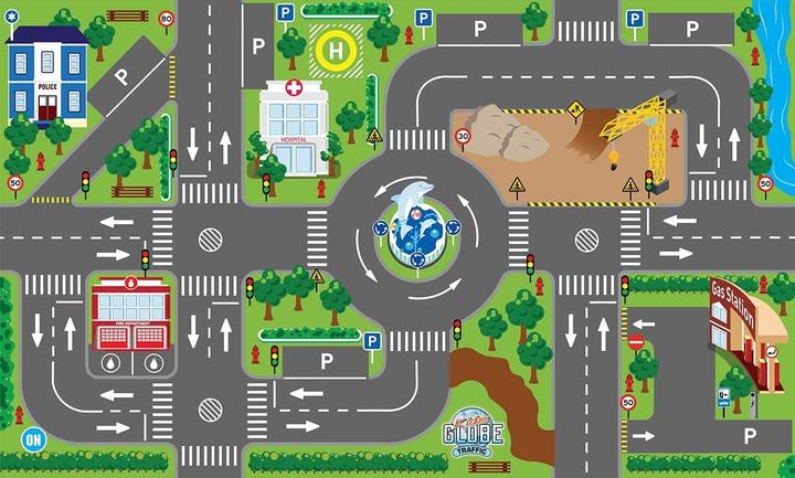 Produktbild Van Manen Veenendaal Kids Globe Spielteppich mit Autos Set (leuchtende Ampeln, Kinder-Teppich mit Feuerwehrauto Polizeiau (120 x 72 cm)