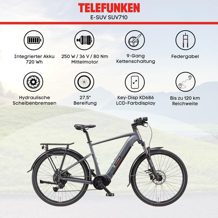 Actual product image Telefunken SUV E-Bike Herren SUV710 27,5 Zoll Mittelmotor 9-Gang Kettenschaltung (50 cm)