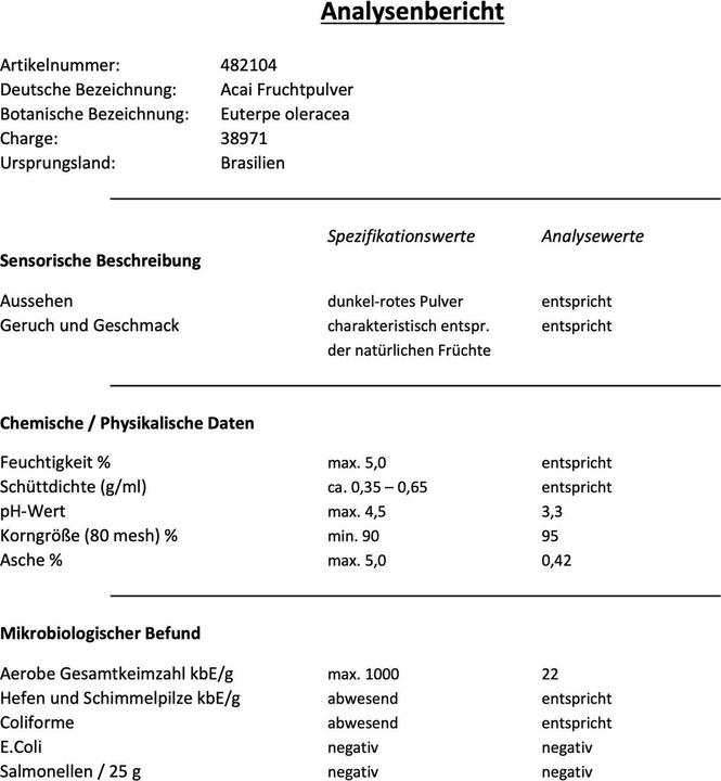 Nährwerte und Zutaten Zimmerli Adaptogene Acai Pulver (Pulver)