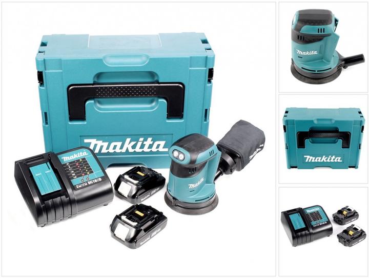Makita DBO 180 SAJ Akku Exzenterschleifer 18 V 125 mm + 2x Akku 2,0 Ah + Ladegerät + Makpac (Exzenterschleifer)