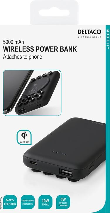 Productafbeelding Deltaco Qi gecertificeerde powerbank om aan het toestel te bevestigen, 5 mAh, 18,5 Wh (5000 mAh, 10 W, 18.50 Wh)