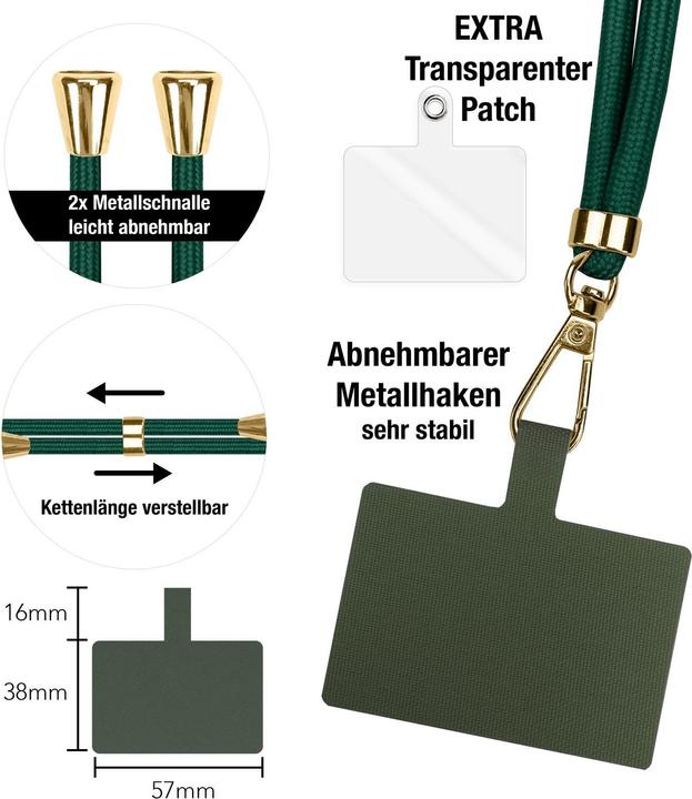 Produktbild Nalia Handyband + Pad für Hülle zum Umhängen, Karabinerhaken Anhänger aus Metall (gold)