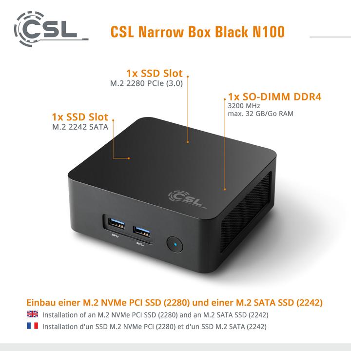 Produktbild CSL Narrow Box Black (Intel N100, 8000 GB, 4000 GB, Intel UHD Graphics)