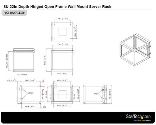 Image du produit StarTech Rack serveur ouvert 8 U 19 pouces avec charnière - profondeur 55cm (8 HE, Rack 19 pouces)