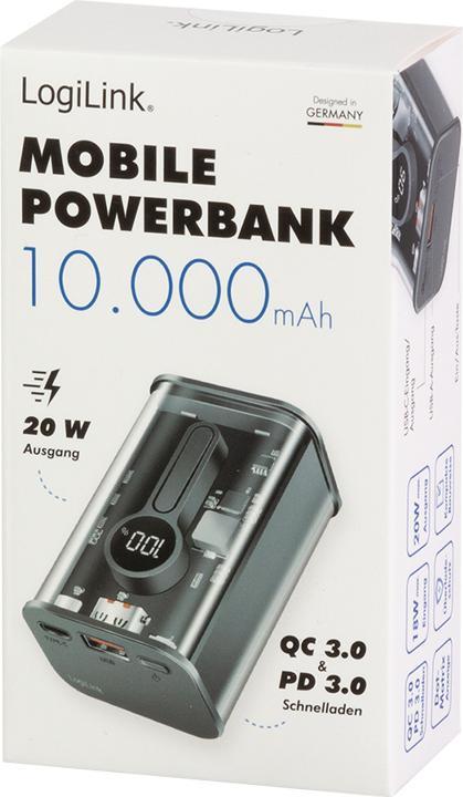 Actual product image LogiLink Powerbank 10000 mAh, 1x USB-A, 1x USB-C, with display, PD & QC, transp. (10000 mAh, 20 W, 37 Wh)