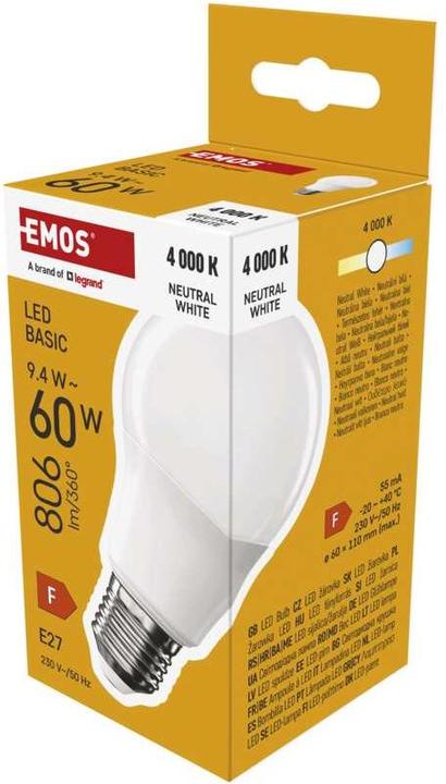Actual product image Emos LED lamp Basic A60 / E27 / 9.4 W (60 W) / 806 lm / Neutral white (E27, 9.40 W, 806 lm, 1 x, F)