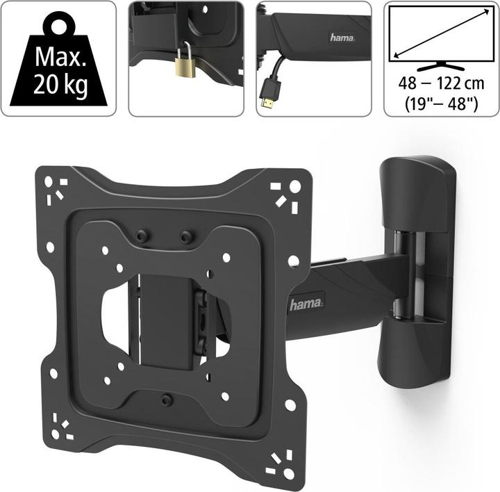 Image du produit Hama Support TV mural, pivotant, inclinable, antivol, 122 cm (48"), 20 kg (Mur, 48", 20 kg)