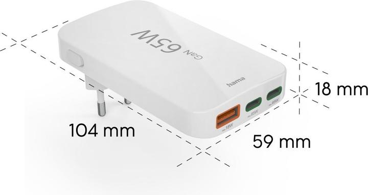 Produktbild Hama Schnellladegerät, 2x USB-C, 1x USB-A, flaches Mini-Ladegerät, PD, 65 W, WS (65 W)