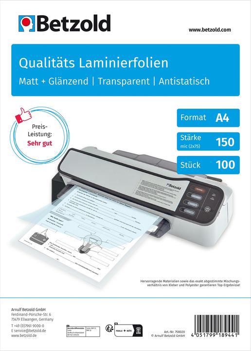 Betzold Films à plastifier A4, mat + brillant 150 mic, 100 pcs. (A4, 100 pièce(s), 75 µm)