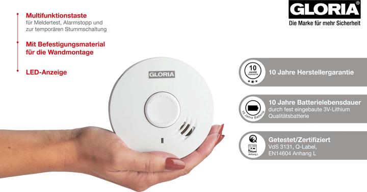 Actual product image Gloria Haus und Garten R-10 002518.0015 Smoke alarm device incl. 10-year battery battery-operated