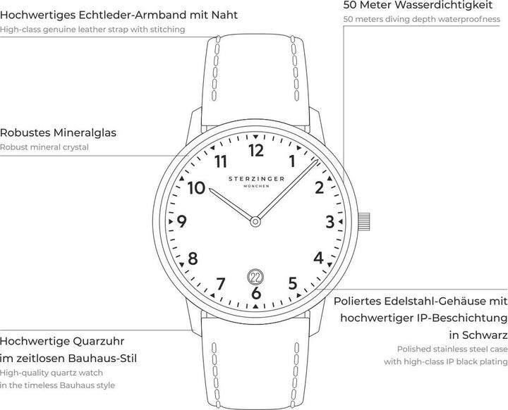 Immagine prodotto Sterzinger Orologio al quarzo da uomo Urban in vera pelle nera - 30474 (Orologio da polso analogico, 38 mm)