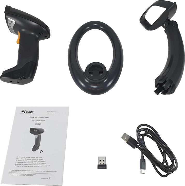 Produktbild equip Barcode Handscanner 2D Laser mit Halterung 2.4GHz sw (2D-Barcodes, 1D-Barcodes, QR-Code)