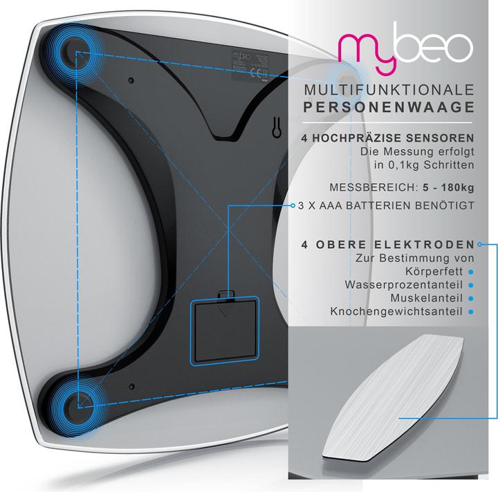 Actual product image Mybeo Digital body fat scale made of glass, personal scale, determination of body fat, water percentage (180 kg)