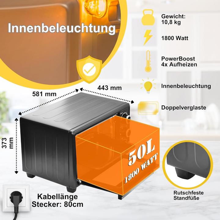 Produktbild Icqn Vrijstaande Oven - 50L - Convectie Mini Oven - Hetelucht & Grillfunctie - Gemailleerde Holte - Zwart