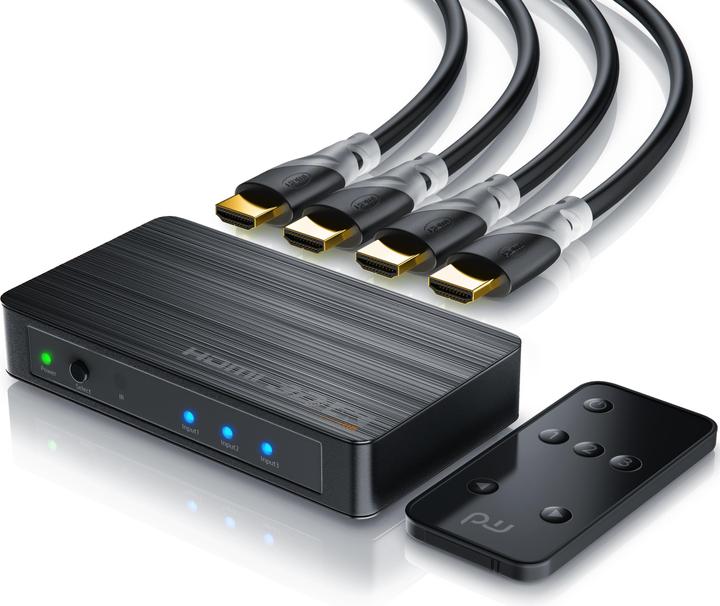 Produktbild CSL 3 Port HDMI 2.0 Switch + 4 x HDMI 2.0 Kabel 1,5 m, Umschalter inkl. Fernbedienung, Ultra HD
